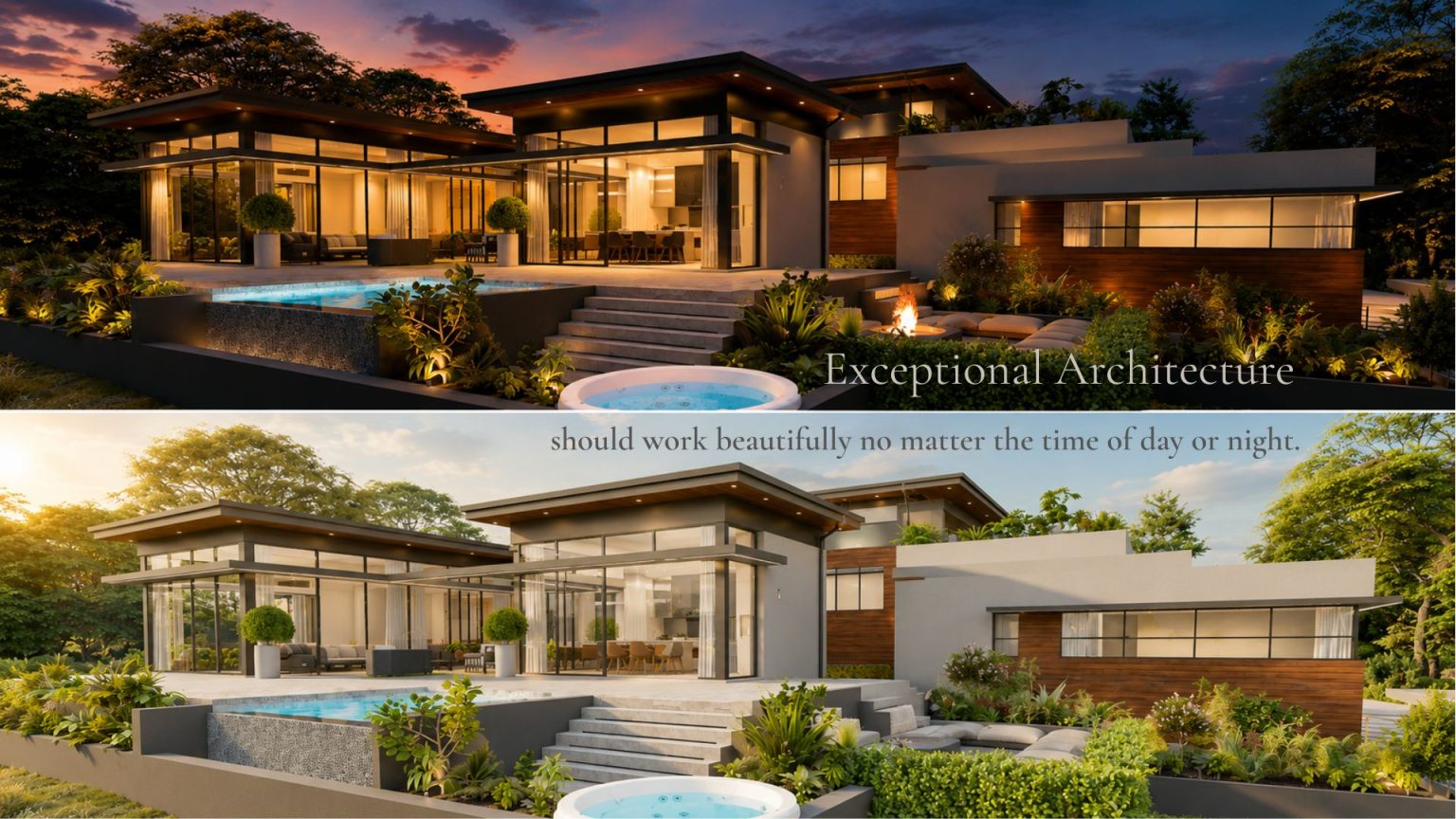 Day and night split view of a modern luxury residential pavilion designed by Venuï Architects, demonstrating 24-hour architectural planning with integrated evening lighting, expansive glazing, outdoor pool, and landscape fire pit.