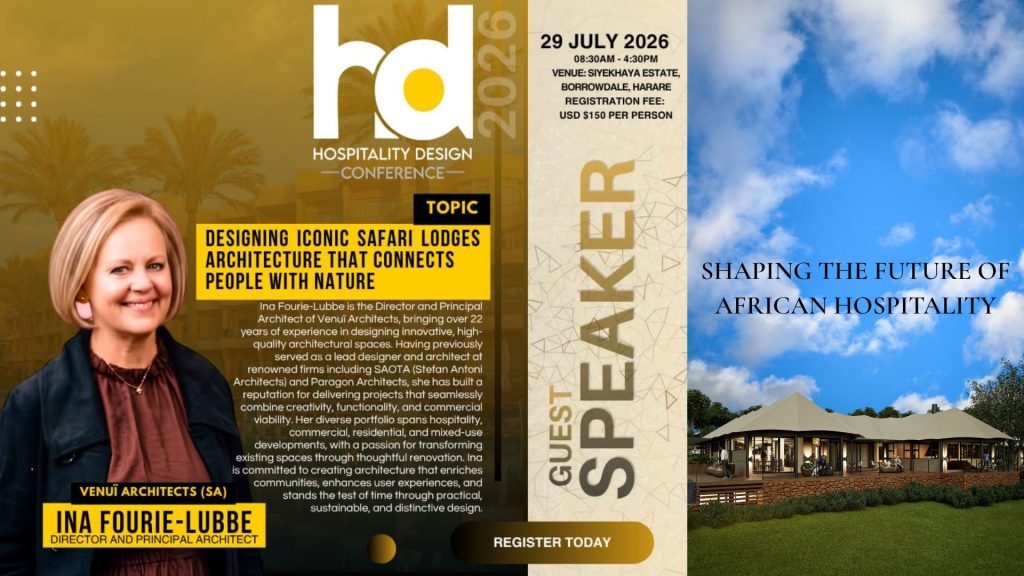 Promotional banner for Hospitality Design Conference 2026 featuring guest speaker Ina Fourie-Lubbe, Principal Architect of Venuï Architects, presenting on "Designing Iconic Safari Lodges: Architecture That Connects People with Nature" alongside a render of a luxury safari tented lodge.