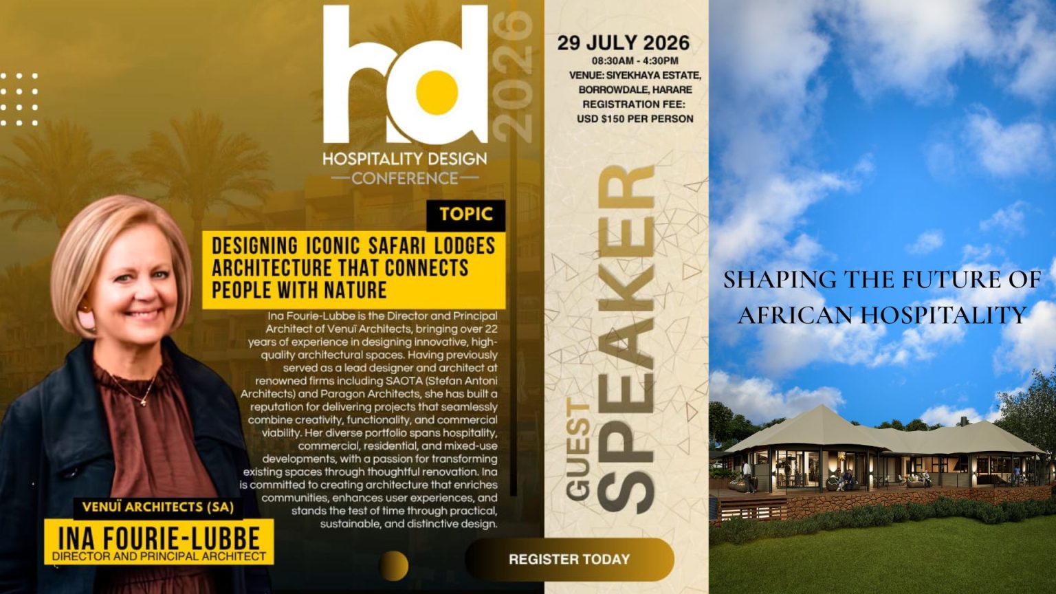 Promotional banner for Hospitality Design Conference 2026 featuring guest speaker Ina Fourie-Lubbe, Principal Architect of Venuï Architects, presenting on "Designing Iconic Safari Lodges: Architecture That Connects People with Nature" alongside a render of a luxury safari tented lodge.