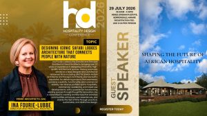 Promotional banner for Hospitality Design Conference 2026 featuring guest speaker Ina Fourie-Lubbe, Principal Architect of Venuï Architects, presenting on "Designing Iconic Safari Lodges: Architecture That Connects People with Nature" alongside a render of a luxury safari tented lodge.