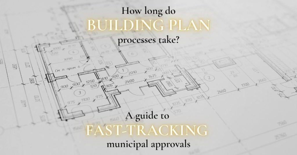 Technical architectural floor plan blueprint overlay displaying text asking how long building plan approvals take in Johannesburg, featuring a guide to fast-tracking municipal council reviews by Venuï Architects.