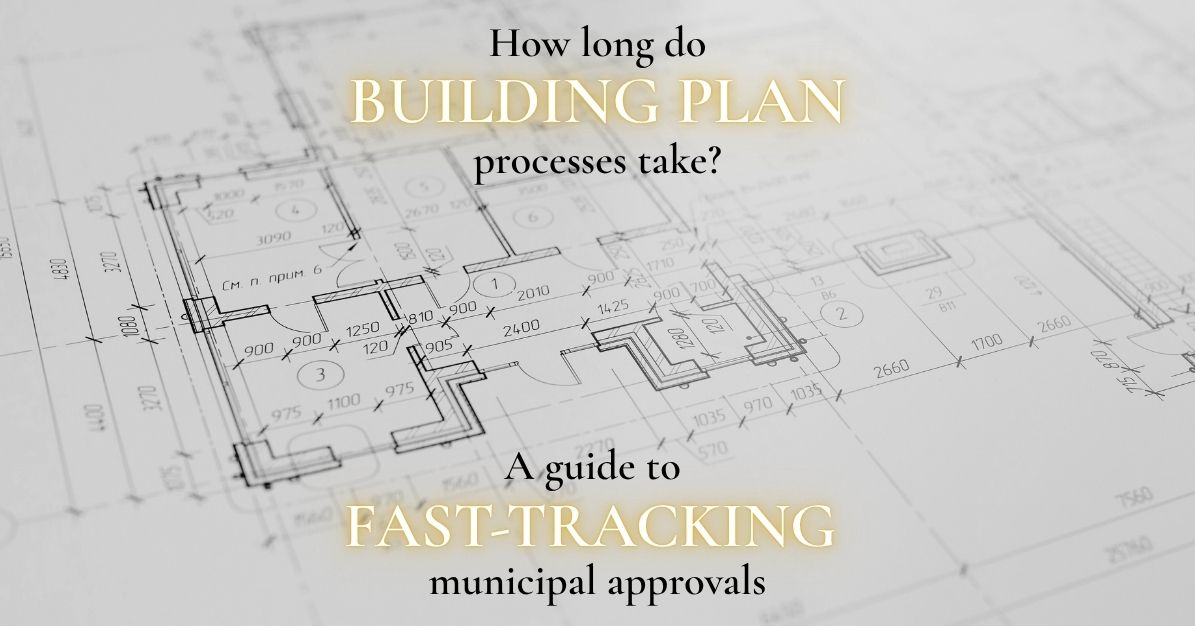 Technical architectural floor plan blueprint overlay displaying text asking how long building plan approvals take in Johannesburg, featuring a guide to fast-tracking municipal council reviews by Venuï Architects.